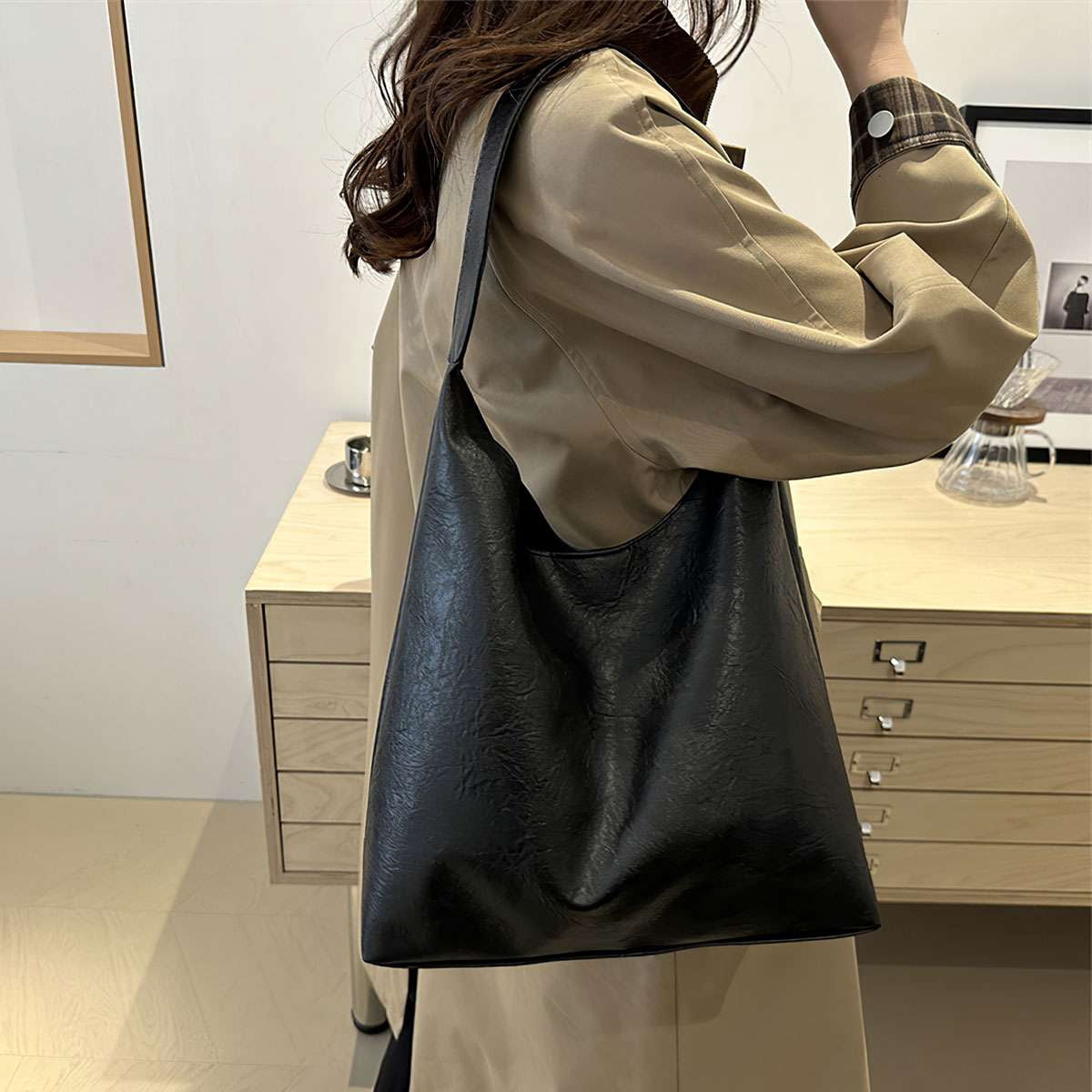 Spencer Retro PU Bags for Women Tote Bag with Purse Slouchy Bag Hobo Handbag Crescent Satchels Shoulder Bag, 2pcs Bag Set, Black
