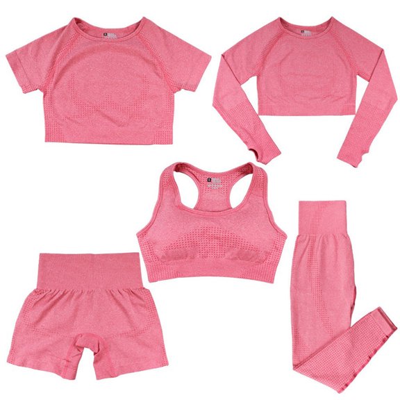 KHONTS Women's 5 Piece Sets Workout Short Sleeve Seamless Crop Top Yoga Gym Sport Outfits Watermelon Red XL