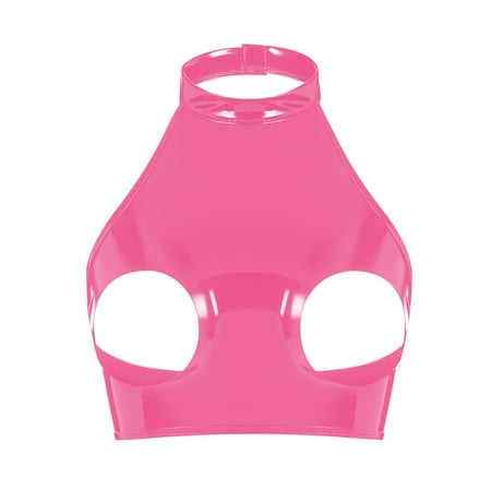 UKLSQMA Ladies  Solid Color PVC Patent Leather Sexy Bras Edgy Lingerie for Women Fashion Bras Pink S
