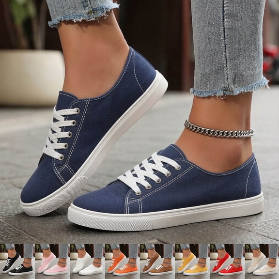 Pandaie Women's Fashion Sneakers Low Top Walking Running Tennis Shoes Lace up Non Slip Canvas Flats for Work Casual Daily Footwear Blue,6