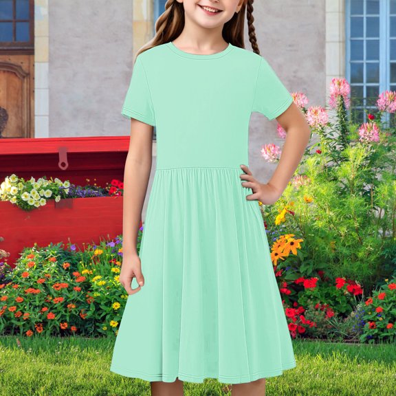 Girls Summer Casual Dresses A Line Swing Flowy Dress Basic Short Sleeve Dress Solid Color Dresses School Uniform