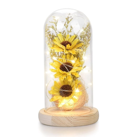 Yucurem Sunflower Gifts for Women, Artificial Flowers in Glass Dome with LED Strip, Birthday Gifts for Mom & Grandma,Decor on Mother's Day, Christmas, Valentine's Day