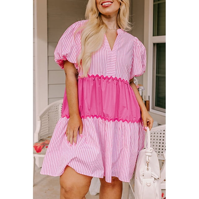 a.Jesdani Robe Mini Rose Coquette à Manches Bouffantes - Grande Taille, Rayures Tendance