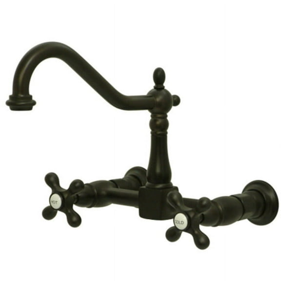 Heritage Double Handle Wall Mount Bridge Kitchen Faucet with Metal Cross Handles, Oil Rubbed Bronze