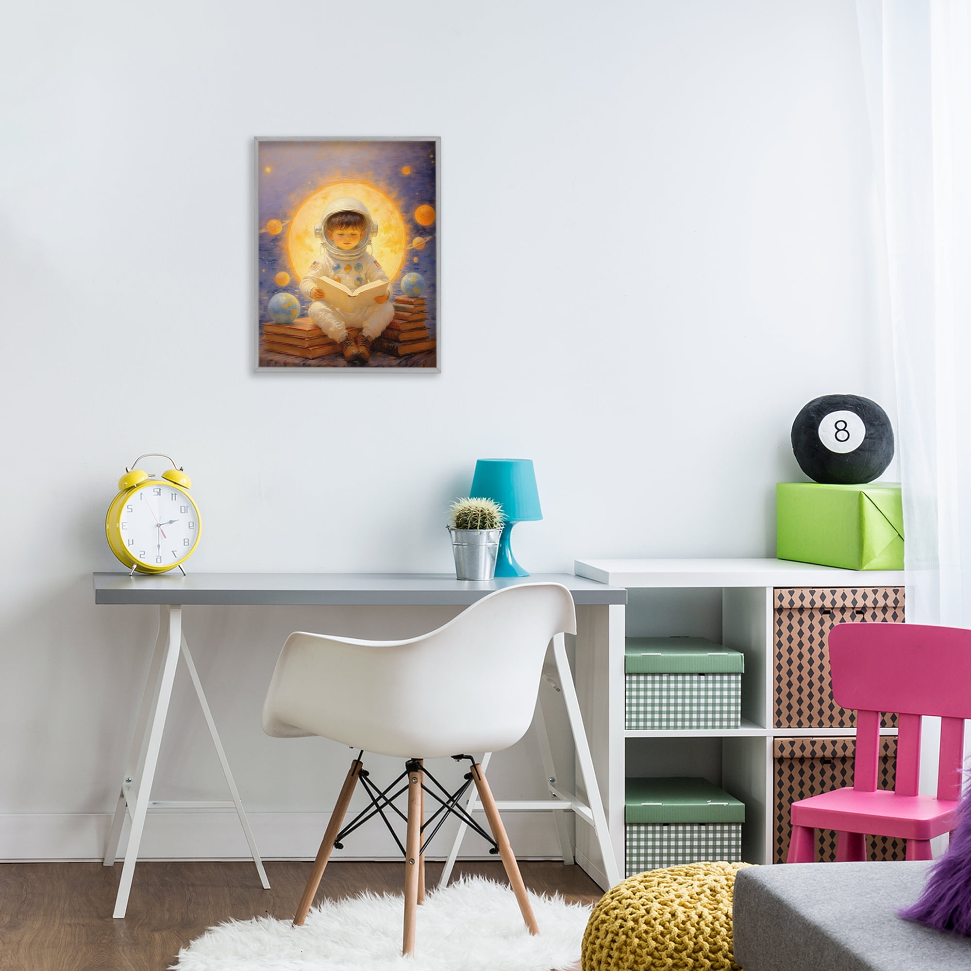 Astronaut Child Learning Gray Framed Giclee Art, design by Angie Hawke
