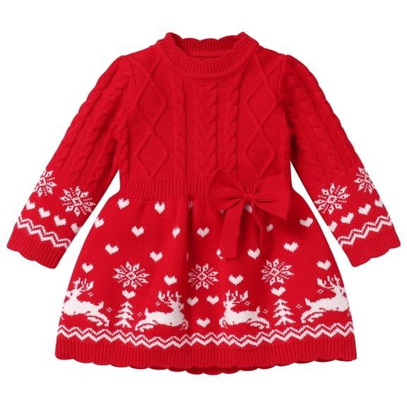 IWEMEK Winter Dress for Baby Girls Crew Neck Long Sleeve Xmas Dresses Elk Cute Bowknot Red Sweater Dresses 12M-18M