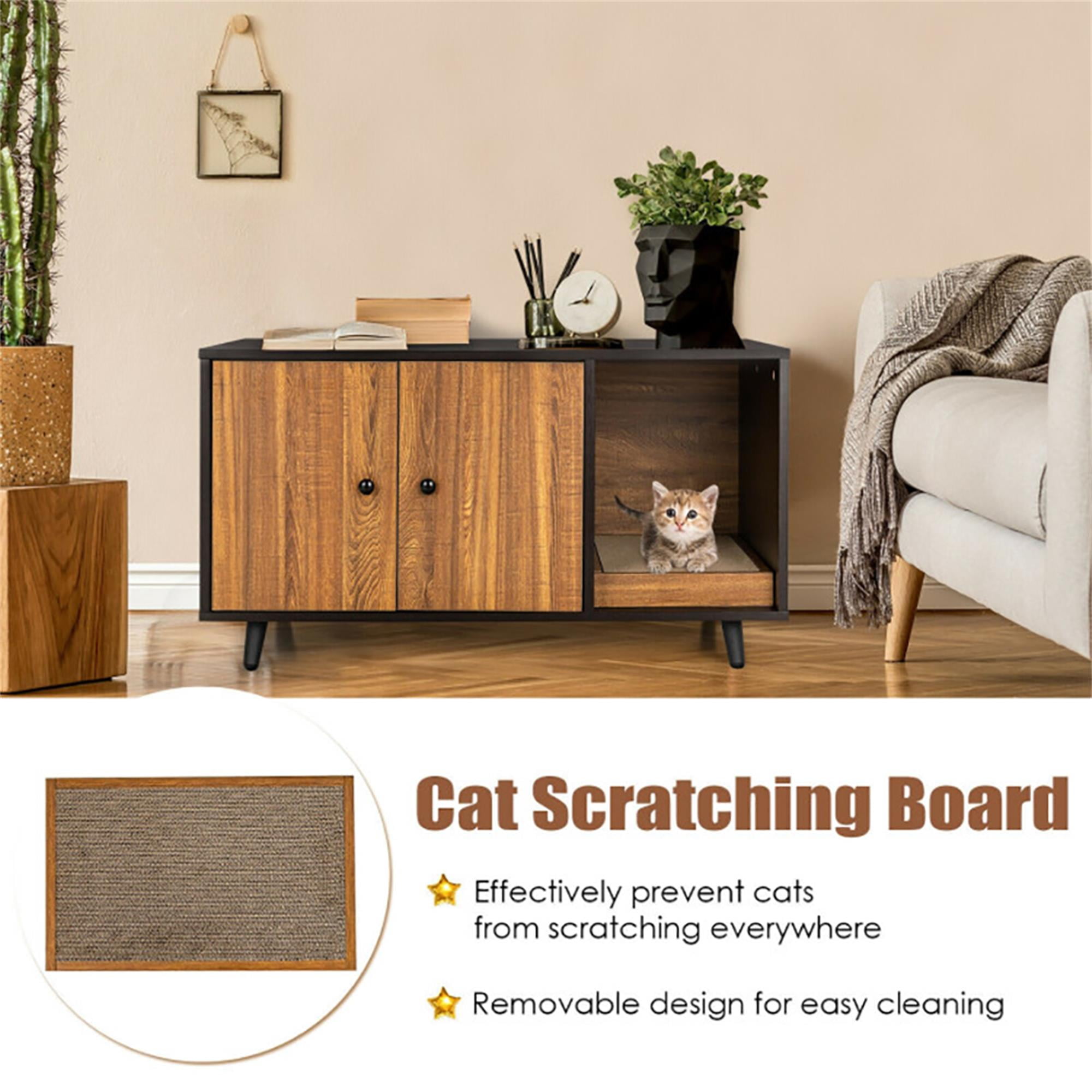Kadyn 35" Cat Litter Box Enclosure Hidden Litter Box Furniture, Wooden Cat Washroom Cat House with Scratch Pad, Brown