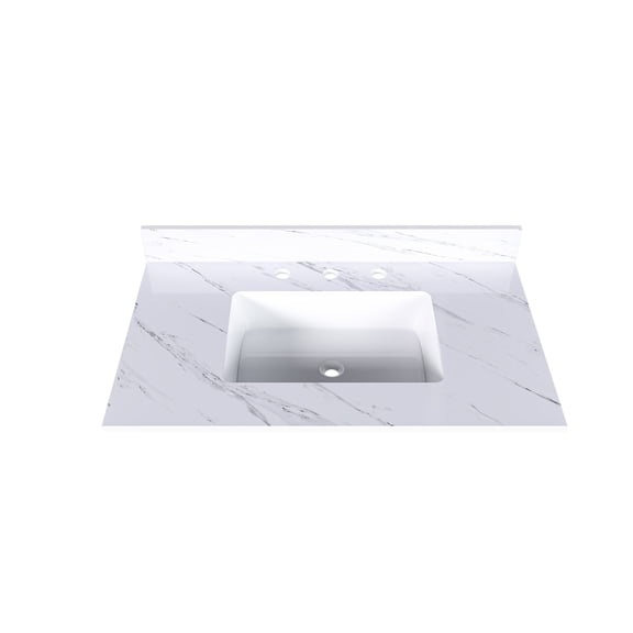 37 Inch Marble Vanity Top, White Vanity Top with 3 Pre-drilled Faucet Holes, Bathroom Vanity Top with Undermount Rectangular Middle Sink and 4" Height Backsplash, The Cabinet are not Included