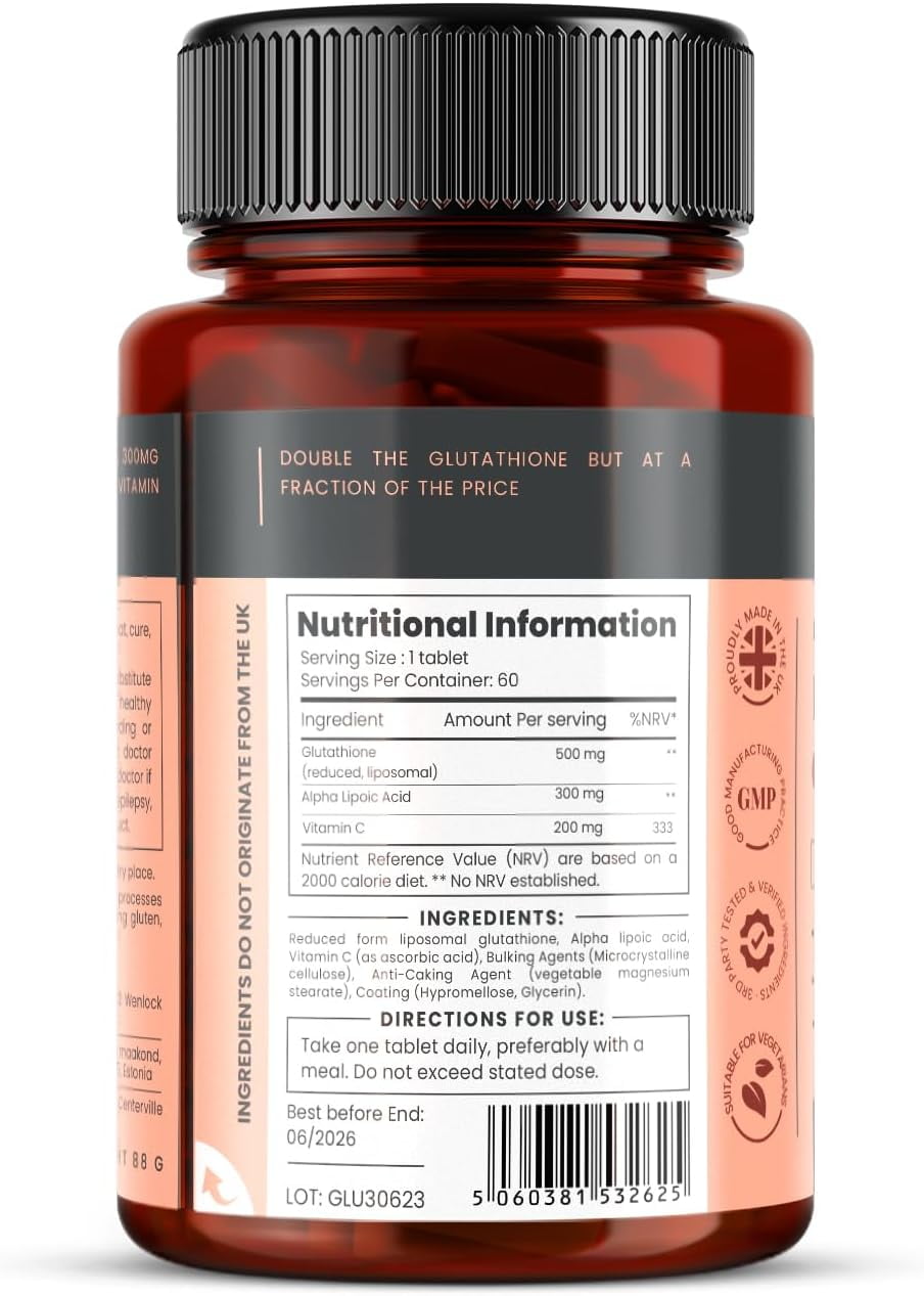 PureClinica Glutathione 1000mg – 60 Tablets – 500mg Reduced Glutathione with Alpha Lipoic Acid & Vitamin C – Antioxidant & Cellular Health Support