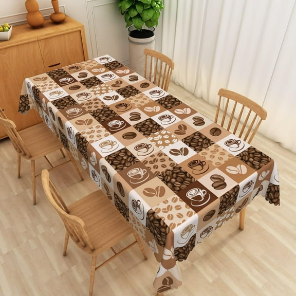 Coffee Beans Print Rectangle Tablecloth, 60x84 Inch Hand Drawn Sketch Coffee Cups Vintage Brown White Plaid Fabric Table Cloth,Waterproof Table Cover for Dining Cafe Wedding Party Home Decor