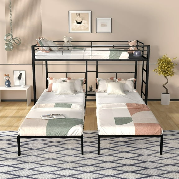 Twin Over Twin Over Twin Bunk Bed Frame with Wooden Slats, Sturdy Metal Triple Bunk Beds Frame with with Guardrails and Ladder, Easy Assembly, Mattress Not Included, Black
