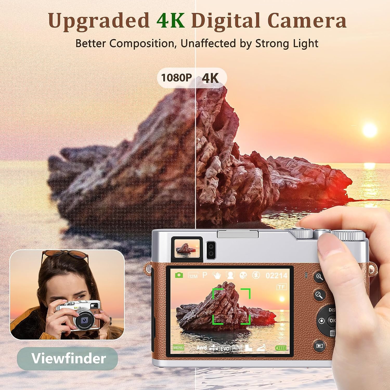 4K Digital Camera with Flash Viewfinder & Dial, 48MP Digital Camera with 32GB SD Card Autofocus Vlogging Camera for Photography and Video Anti-Shake, Compact Travel Camera 16X Zoom