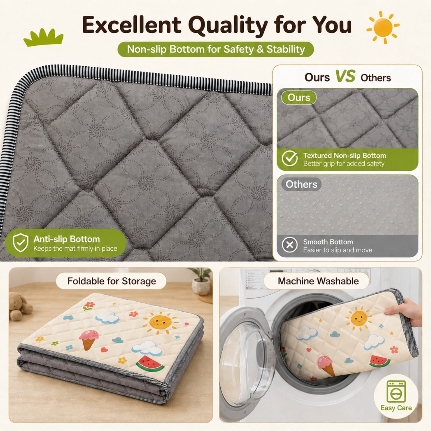 Easy4Home Foldable Baby Play Mat,50"x50" Non-Slip Thick Foam Crawling Mat Machine Washable Playpen Mat for Infants & Toddlers