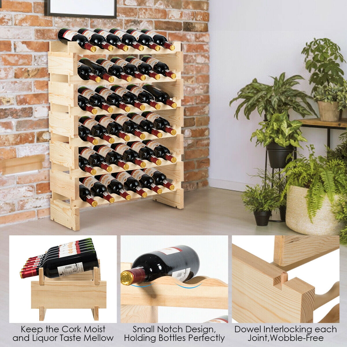 Gymax 36 Bottle Modular Wine Rack 6 Tier Stackable Wooden