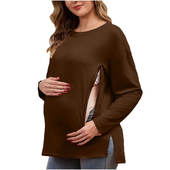 Yteetum Long Sleeve Shirts for Women Oversized Crewneck Maternity Nursing Breastfeed Hidden Zipper Side Split T Shirt Top Womens Casual Solid Plus Size Round Neck Loose Comfy Soft Maternity Tee Shirt