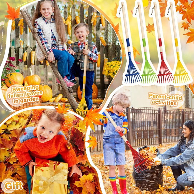 4Pcs Metal Kids Rakes with Hardwood Handle 27 Inch Small Rake for Gardening Mini Rake for Kids Garden Lawn Yard Tools