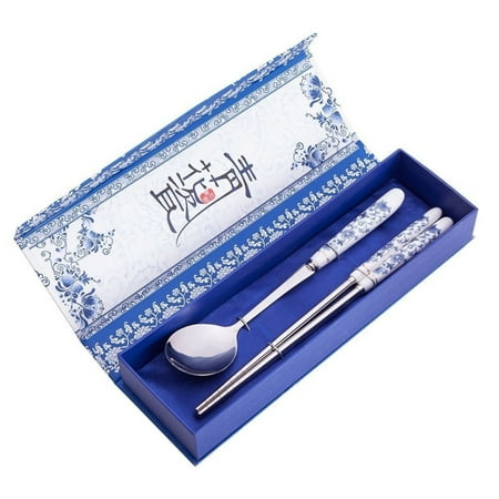 - THY COLLECTIBLES Elegant Oriental Inspiration Silver Stainless Steel Chopsticks & Spoon Set In Gift Box, 2 Piece