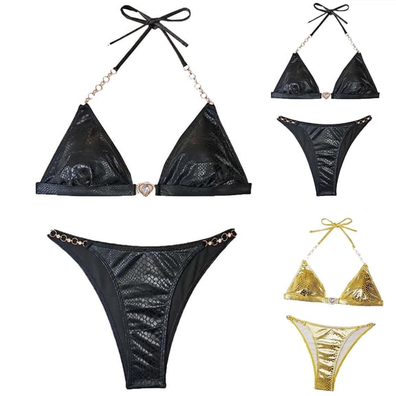 JSGEK Women's Tie Detail Triangle Bikini Set Stylish Design Lightweight Fabric Beach Vacation Casual Wear Black L