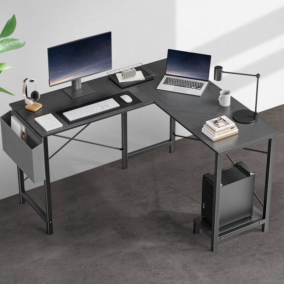 edx Modern L Shaped Office Desk with Wood Surface, Storage Bag and CPU Holder, Black