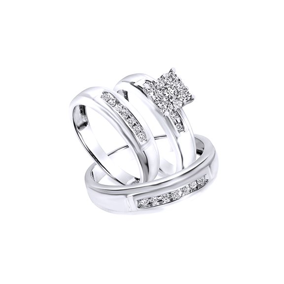 AFFY White Natural Diamond Wedding & Engagement Trio Band Ring Set In 10k White Gold (0.5 Cttw)