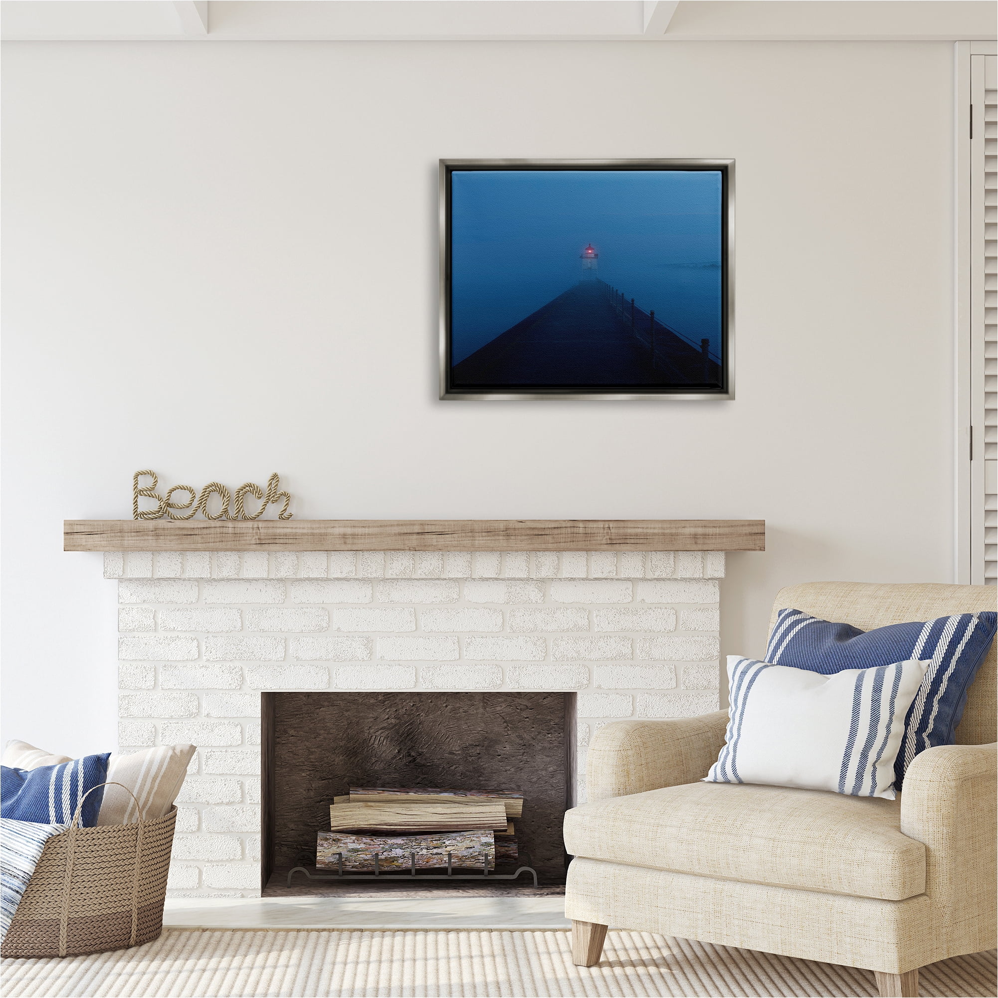Stupell Industries Foggy Lighthouse Dock Landscape Photography Gray Floater Framed Canvas Art Print Wall Art, 31 x 25