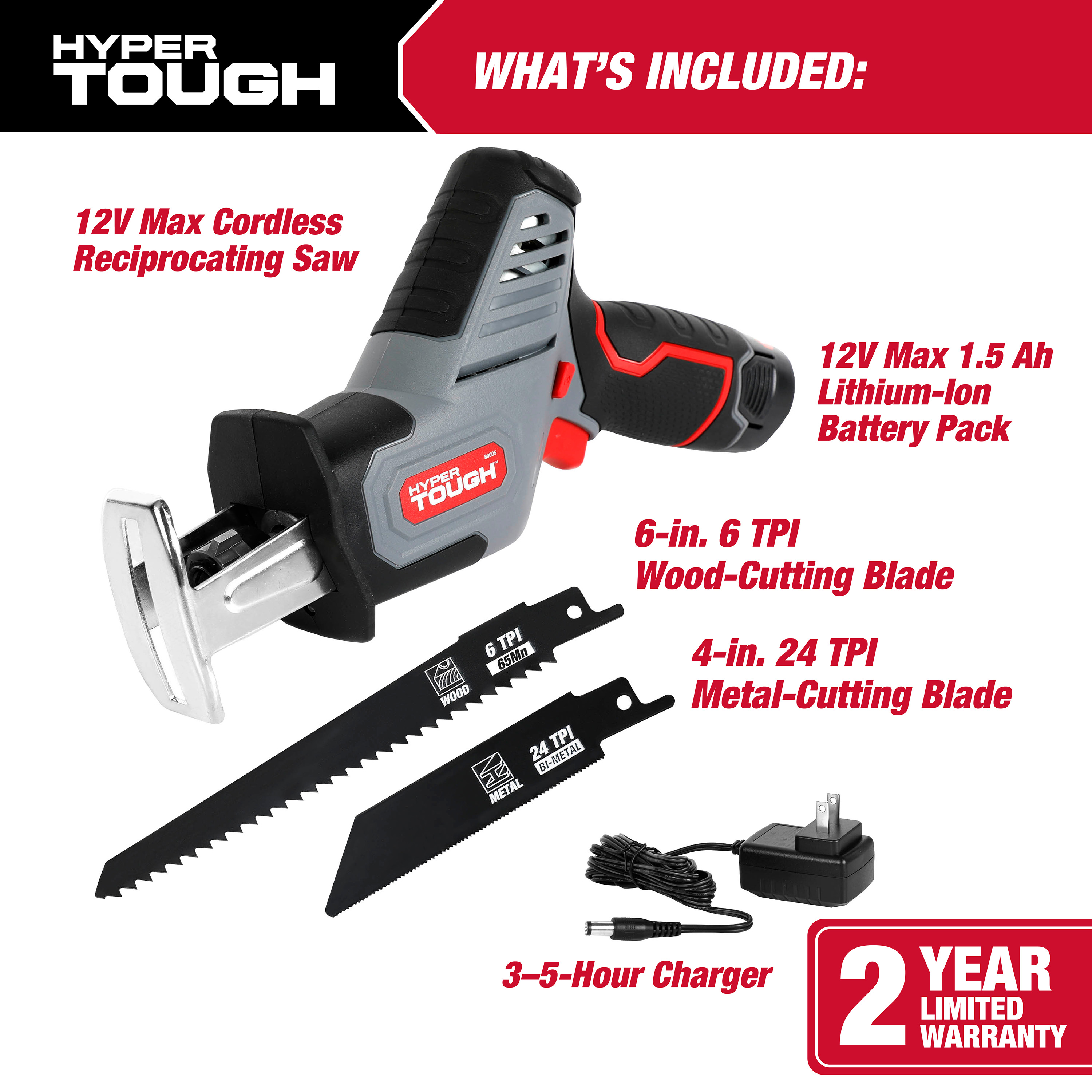 Hyper Tough 12V Max Lithium-Ion Compact Reciprocating Saw with 1.5Ah Battery and Charger