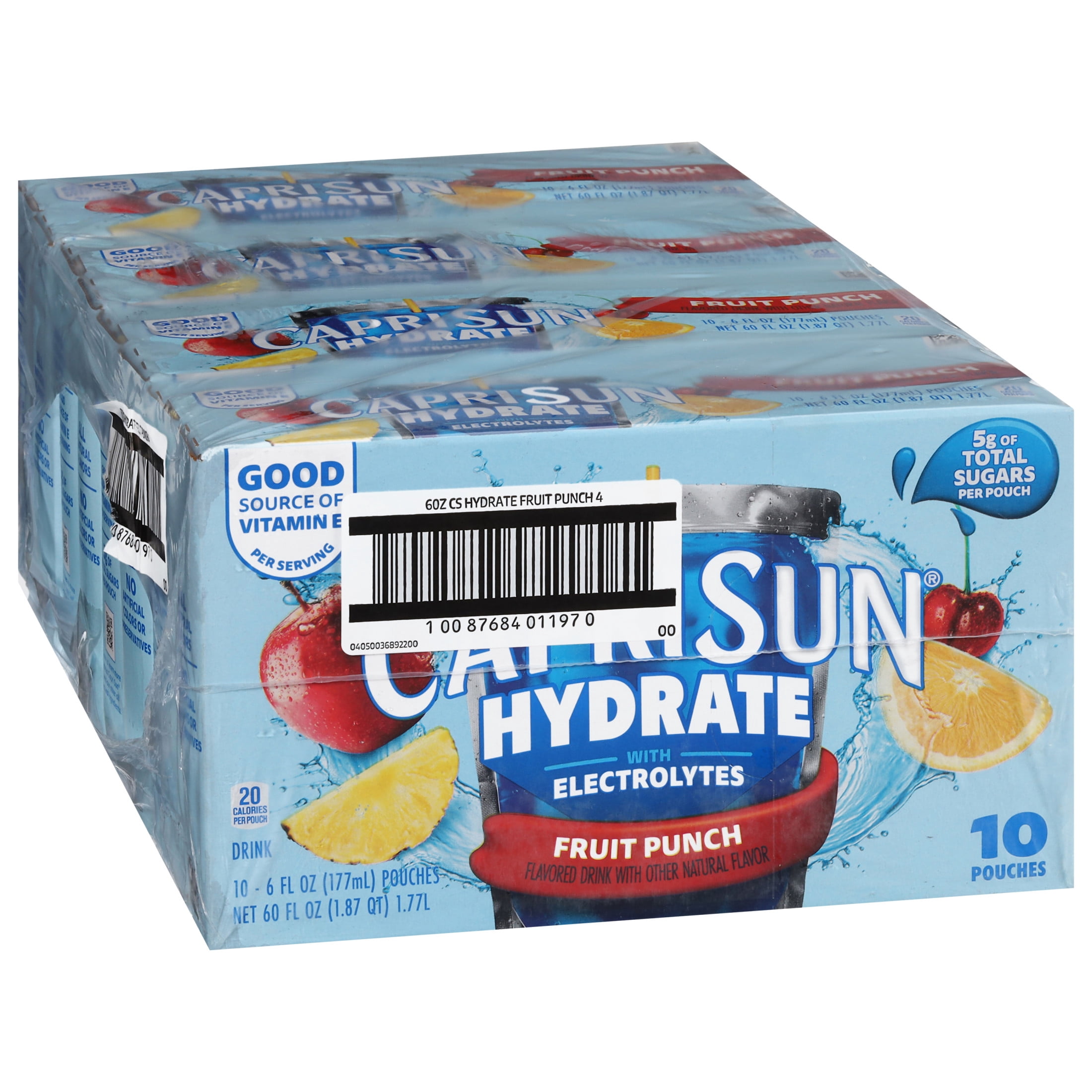 (4 pack) Capri Sun Hydrate with Electrolytes Flavored Drink with Other Natural Flavor, 10 Pouches, for On-the-Go Hydration and School Lunches, Fruit Punch, Good Source of Vitamin E, 6 oz
