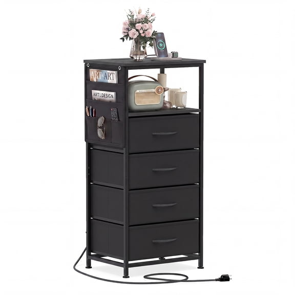 Costway 1 PCS 34” Nightstand with Integrated Charging Station, 4 Fabric Drawers and Metal Frame Black