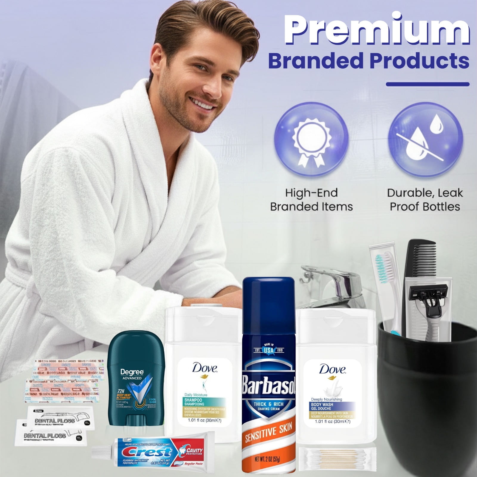 Trektote Travel Toiletry Kit For Men of Travel Size Toiletries, TSA Compliant, Includes Shampoo And Conditioner, Travel Size Shave Cream, Reusable Toiletry Bag & More (50 Pack)