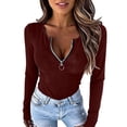 thumbnail image 6 of VEKDONE Womens Sexy Tops Long Sleeve Zipper V Neck Shirts Ribbed Knit Low Cut Tops Fall Stretch Slim Fit Shirts Solid Color Fashion Blouses Wine XL, 6 of 7