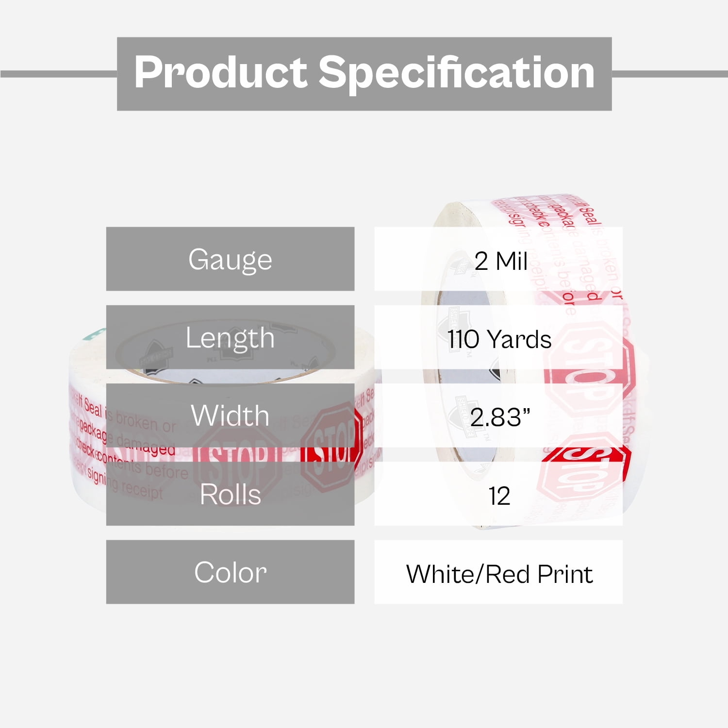 MMBM White Stop Sign Printed Tape 2.83 Inch x 110 Yards 2 Mil Box Sealing Tapes 12 Rolls