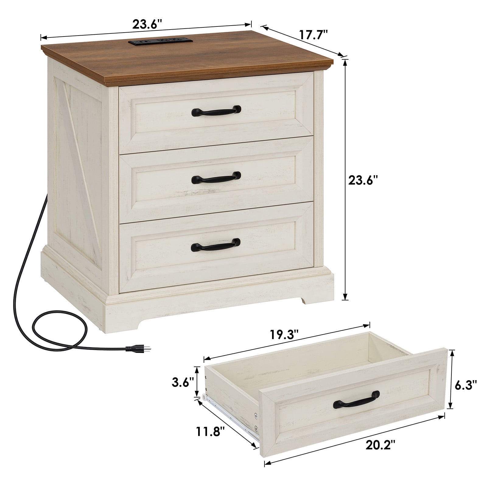 Hommpa Farmhouse 3 Drawers Nightstand with Charging Station, Rustic Wood Night Stand with Drawers for Bedroom, Vintage Bedside Table Small Dresser Chest of Drawers for Living Room, White