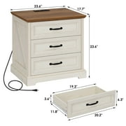 Hommpa Farmhouse 3 Drawers Nightstand with Charging Station, Rustic Wood Night Stand with Drawers for Bedroom, Vintage Bedside Table Small Dresser Chest of Drawers for Living Room, White