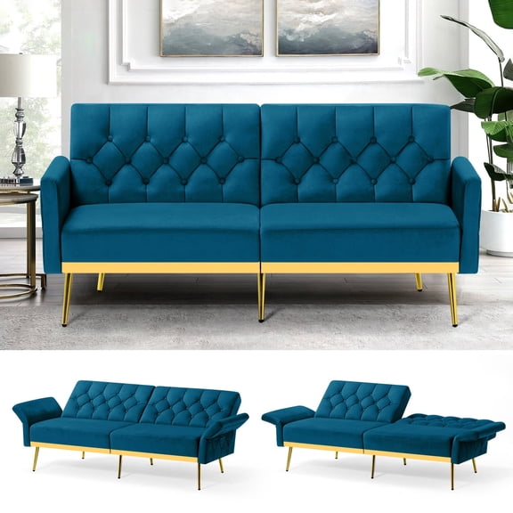 FamiTOP Velvet Sofa Bed w/Adjustable Armrests & Backrests, Modern Convertible Sleeper Sofa, Tufted Futon Sofa for Bedroom, Living Room, Apartment, Teal