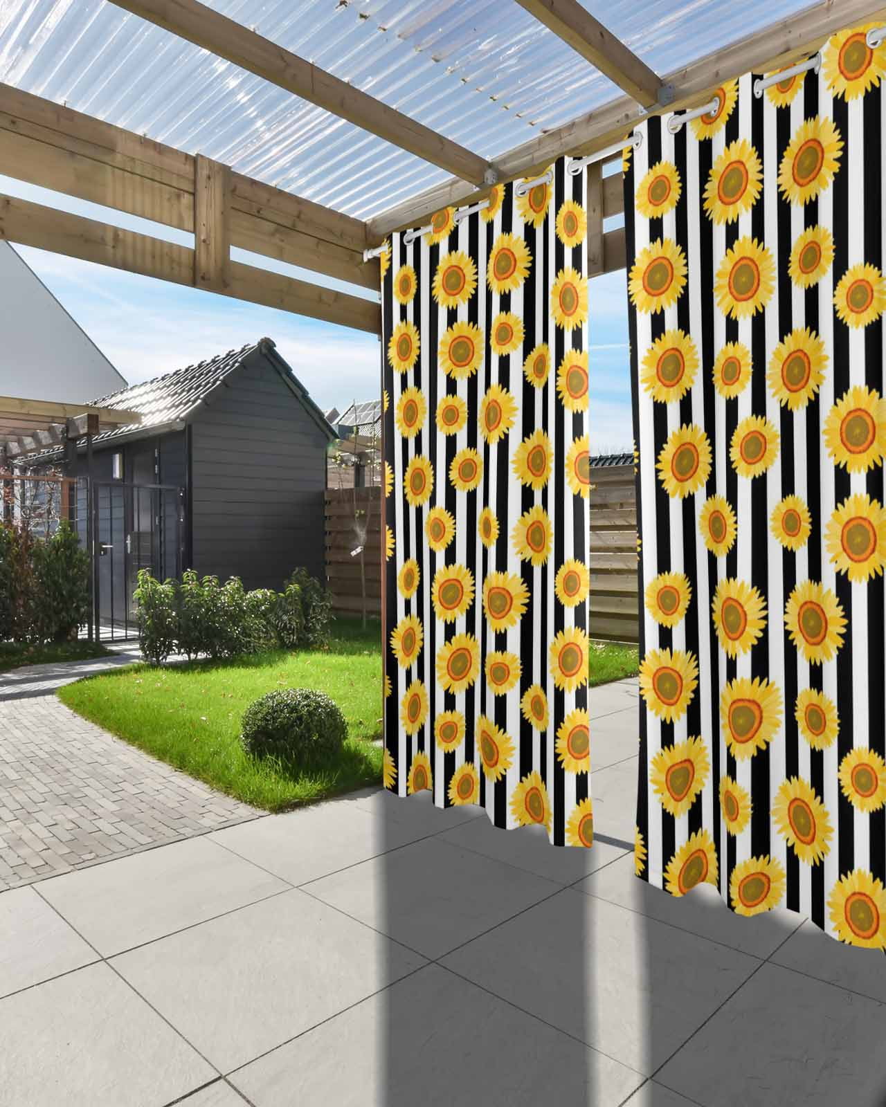 Yellow Sunflower Outdoor Curtains for Patio, Black White Stripe Farmhouse Privacy Drapes Grommet Waterproof Outside Curtains for Porch/Cabana/Balcony 54"x 108", 1 Panel