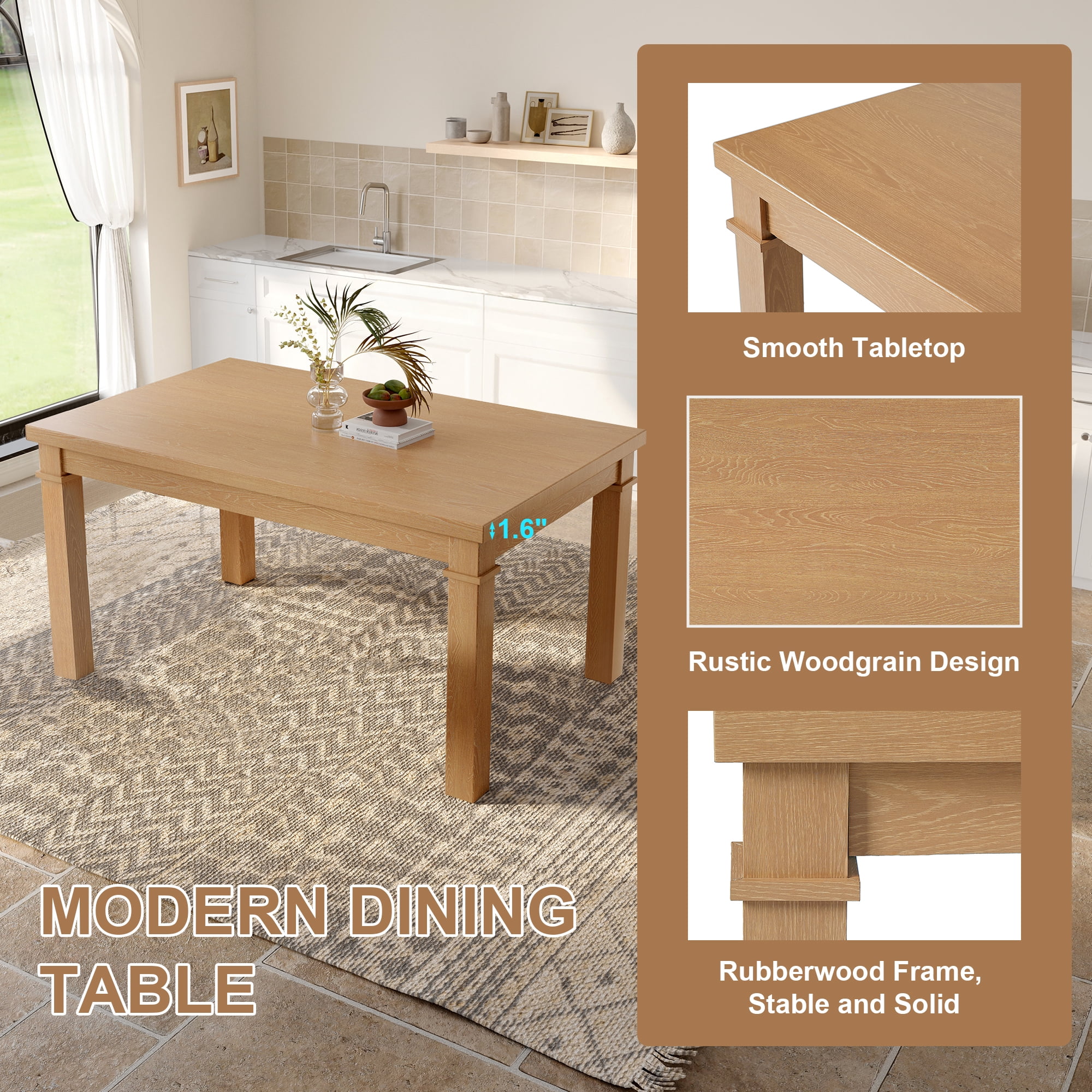 Euroco 6-Piece Wood Dining Table Set for 6, Modern Rectangular Kitchen Table Set with 4 Upholstered Chairs & Bench for Kitchen Dining Room,Natural