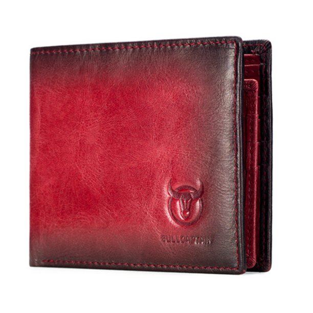 Billetera BULLCAPTAIN QB05 en auténtico cuero - Diseño compacto antirrobo con múltiples ranuras para tarjetas, disponible en rojo y café claro. Incluye compartimento para fotos y tarjetas de regalo.