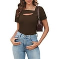 thumbnail image 4 of RYRJJ Womens Summer Tops Casual Short Sleeve Slim Fitted Y2K Shirts Ribbed Knit Cutout Blouse Top(Brown,XXL), 4 of 8