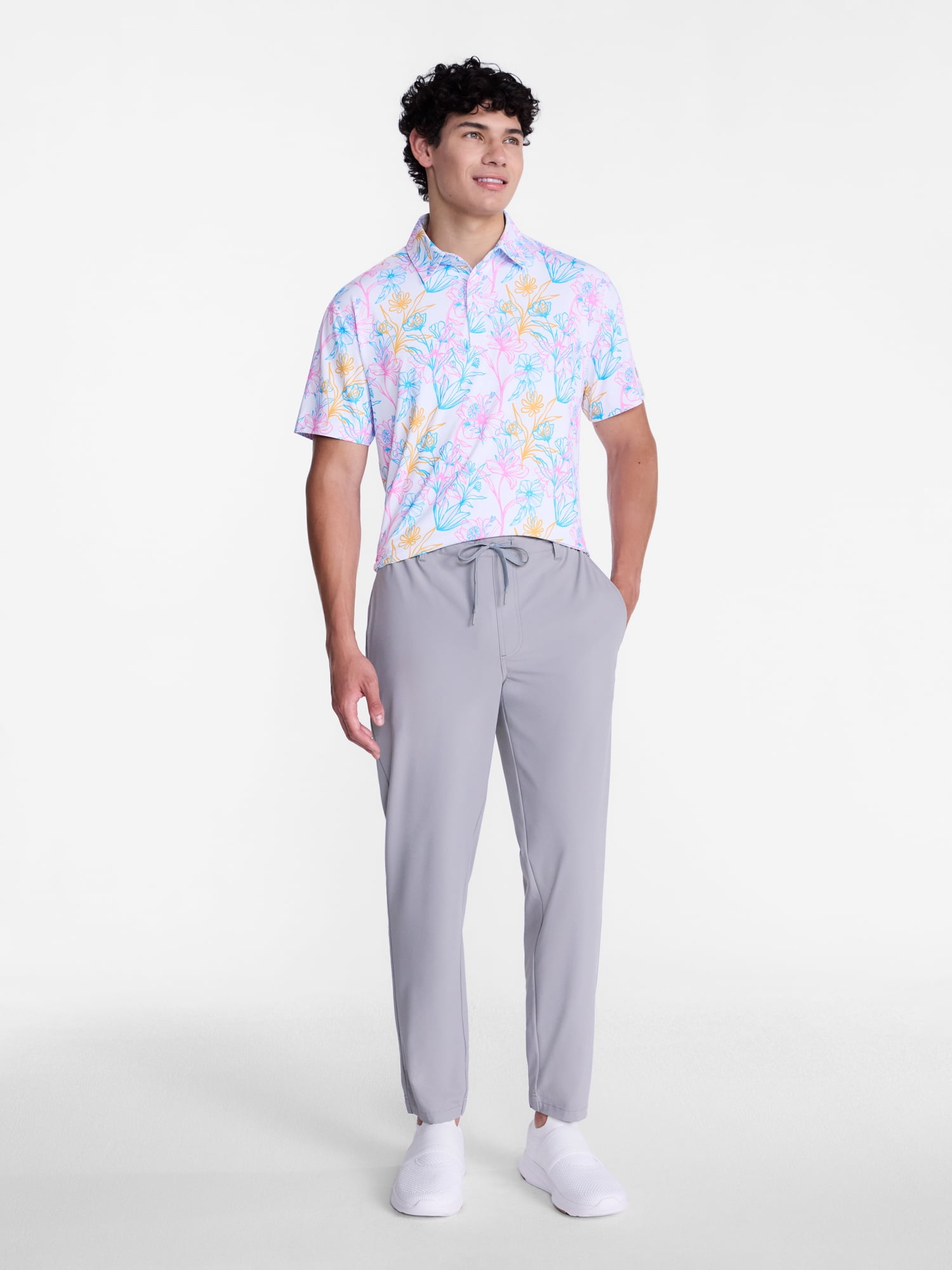 Birdie Bound Men's and Big Men's Flower Line Print Polo Shirt, Sizes XS-4XLT