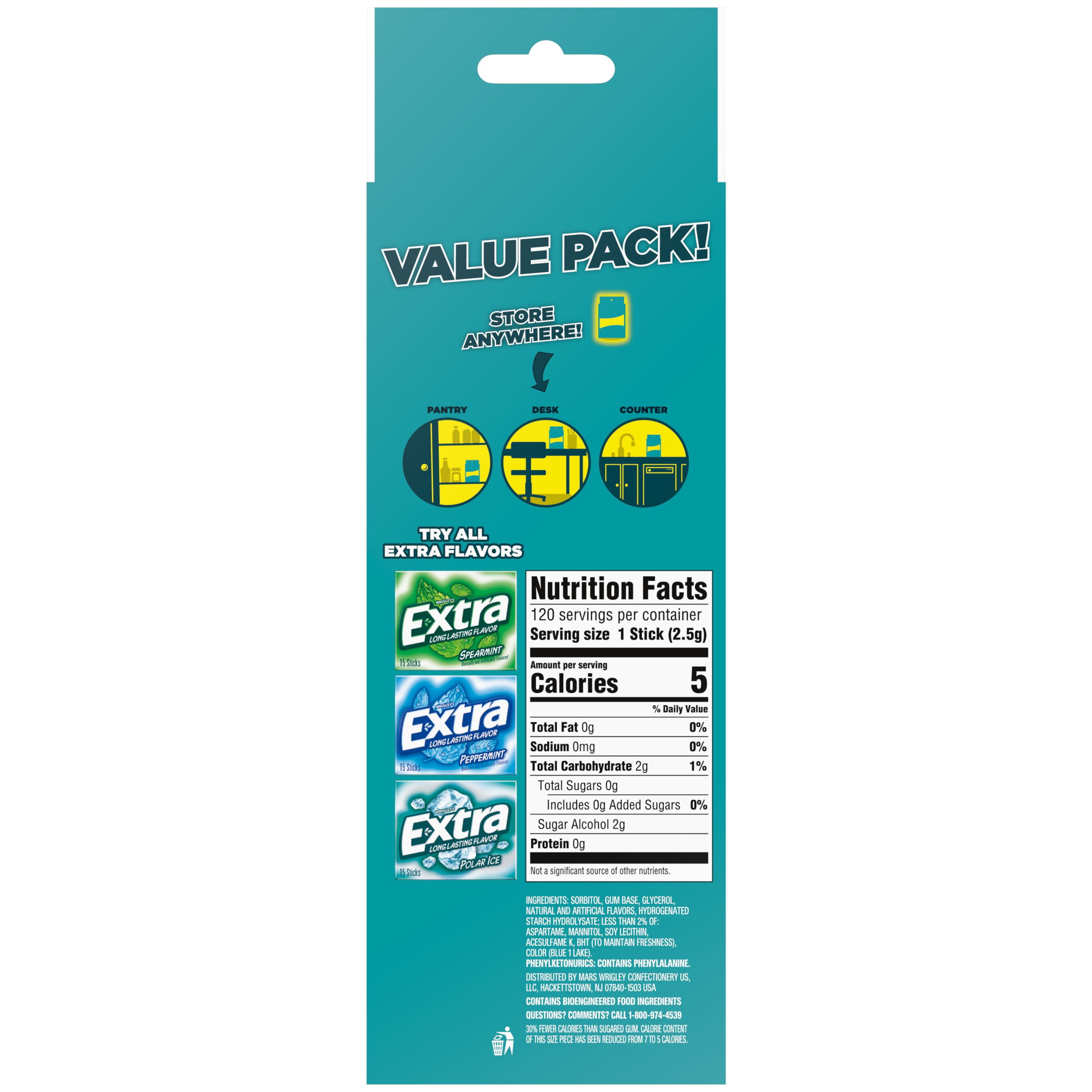(3 pack) EXTRA Polar Ice Sugar Free Chewing Gum, Icy Mint Flavor, 15 Sticks per Pack, 8 Pack Bulk Assortment