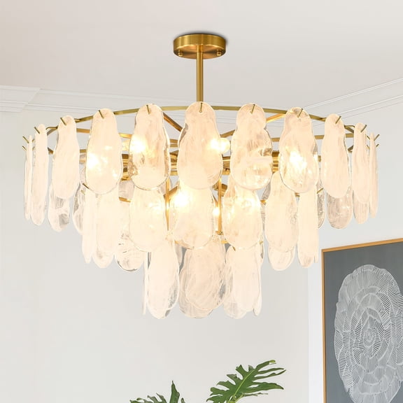 31.49" Modern Brushed Gold Chandelier, 3-Tier Round Cloud Glass Light Fixture, Gold Dining Room Light Fixture for Bedroom Bathroom Living Room Kitchen Entryway