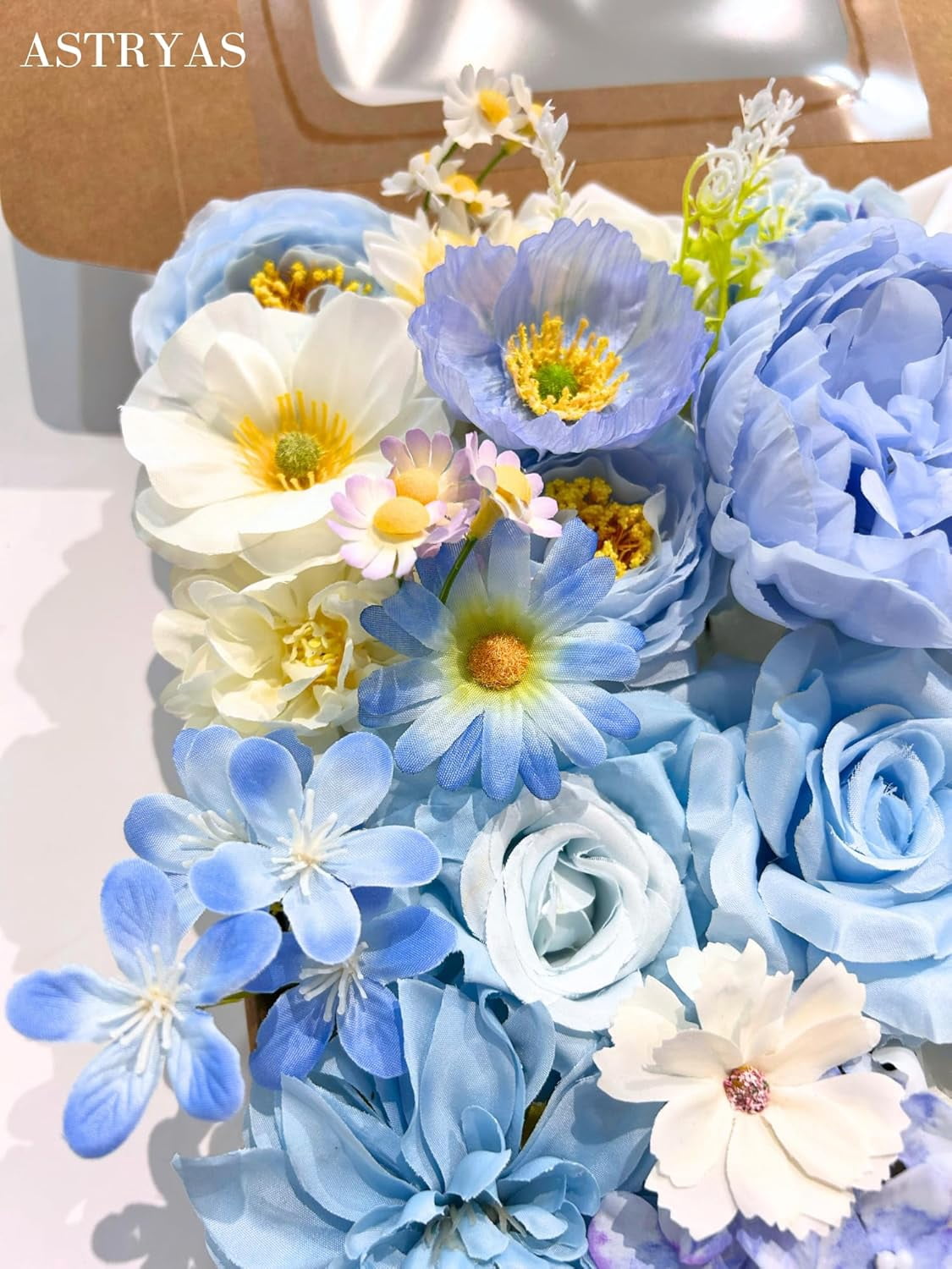 Blue Artificial Flowers Combo Box Set, Baby Blue Silk Peonies Dahlia Roses with Stems for DIY Bridal Wedding Bouquets Baby Shower Floral Arrangements Centerpiece Table Party Home Decorations