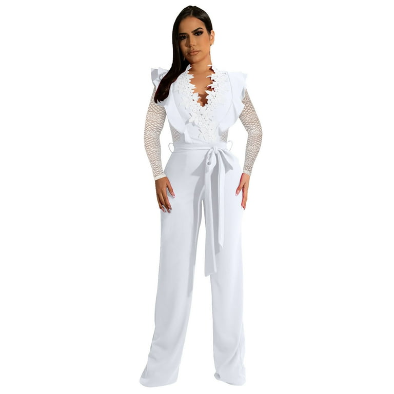 Women Jumpsuit Fashion Jumpsuit Trousers Deep Stitching Neck Lace Women  Lace Romper Women Short Sleeve Pants Suits for Women Womens Tuxedo Jumpsuit