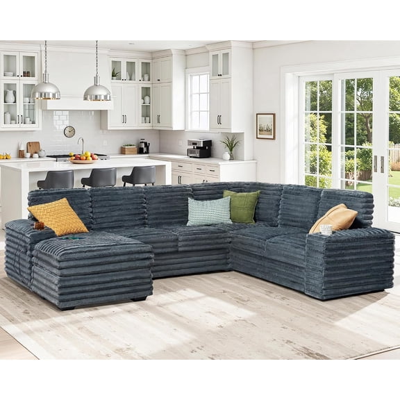 VanAcc 112" Sectional Sofa with USB Ports & Cup Holder, U Shaped Sofa Couch with Storage, Faux Fur Dark Grey