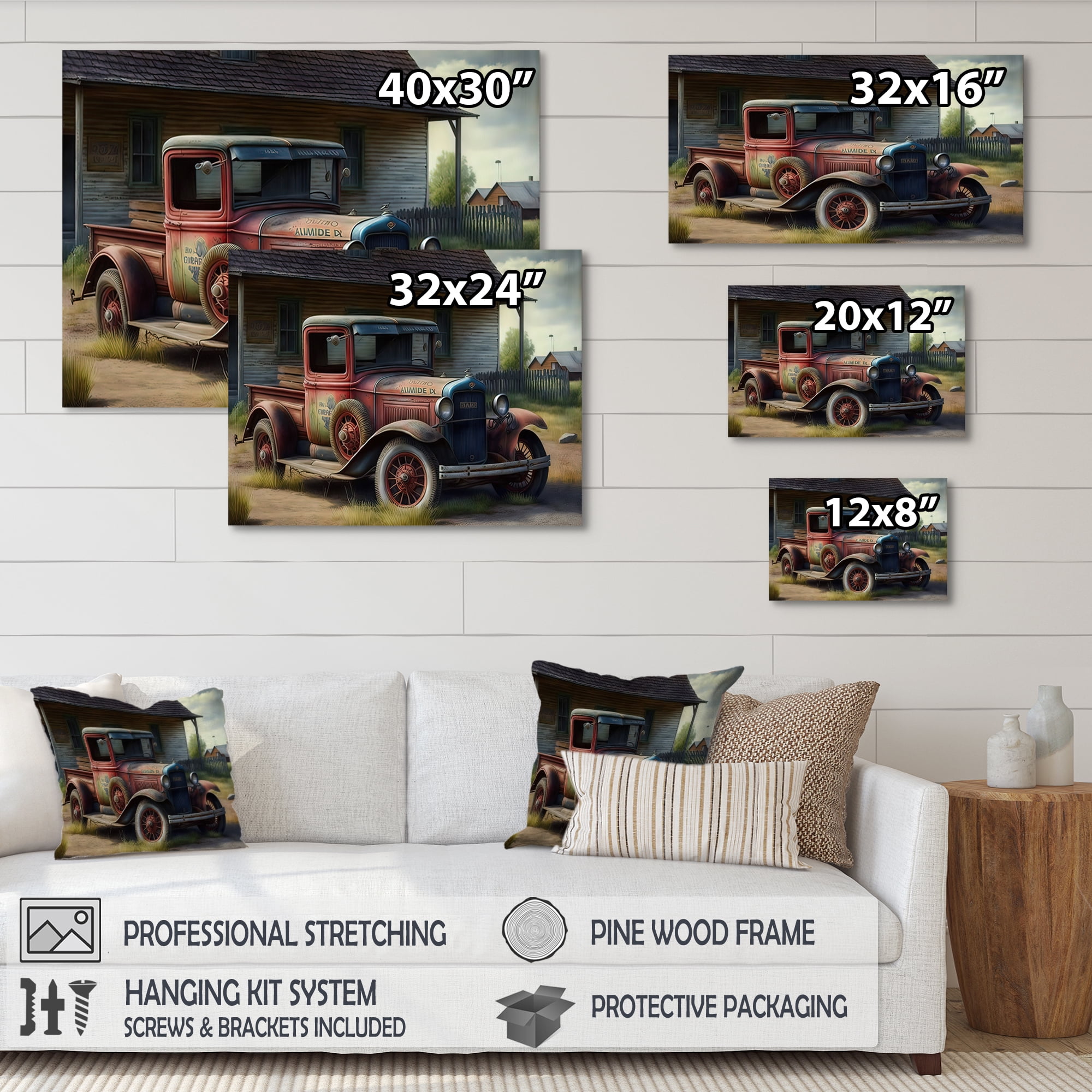 Designart 30S American Car At The Barn Canvas Wall Art