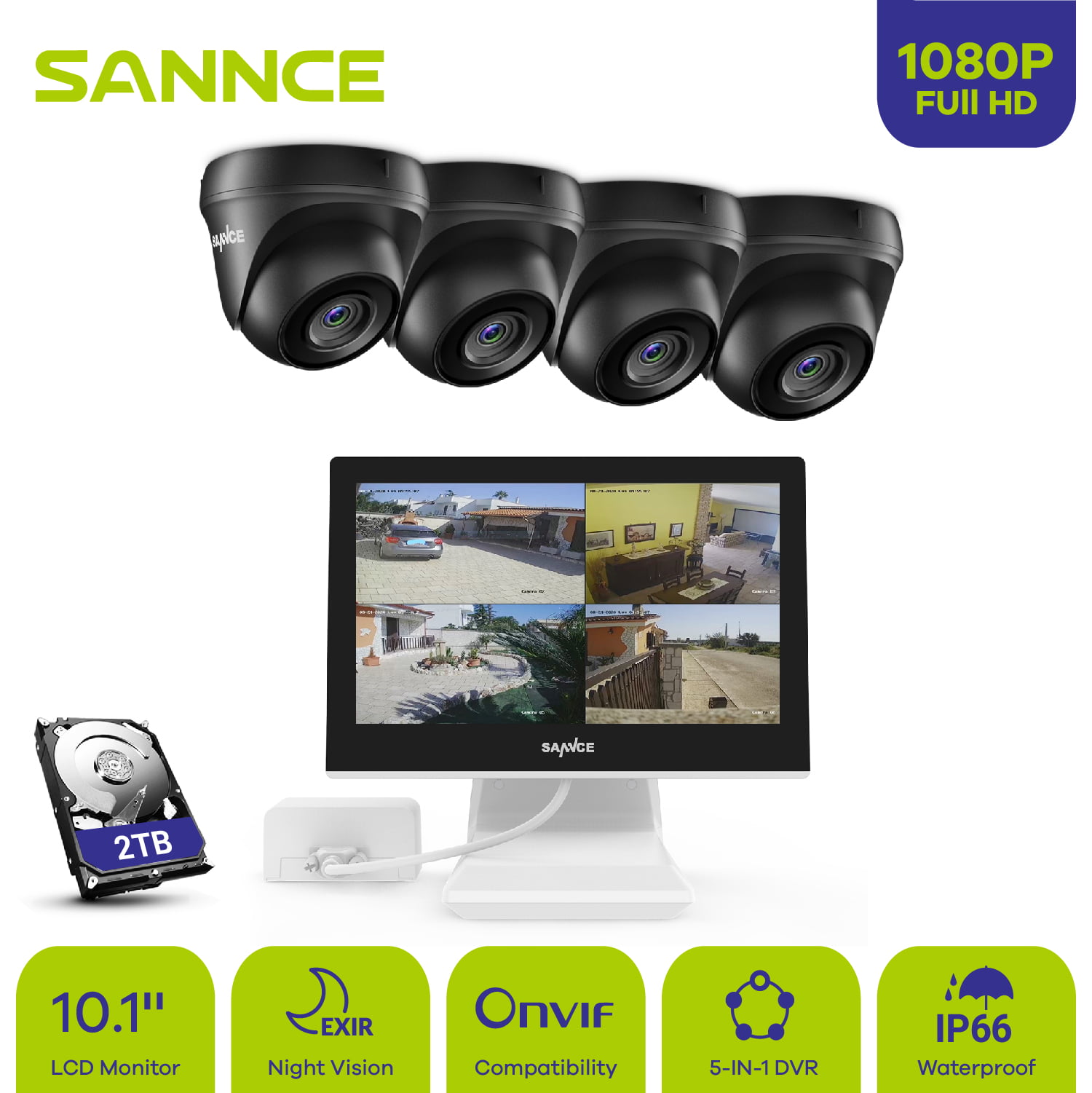 SANNCE 4CH 1080P Lite 5IN1 DVR Überwachungskamera Nachtsicht Motion Email Alarm 