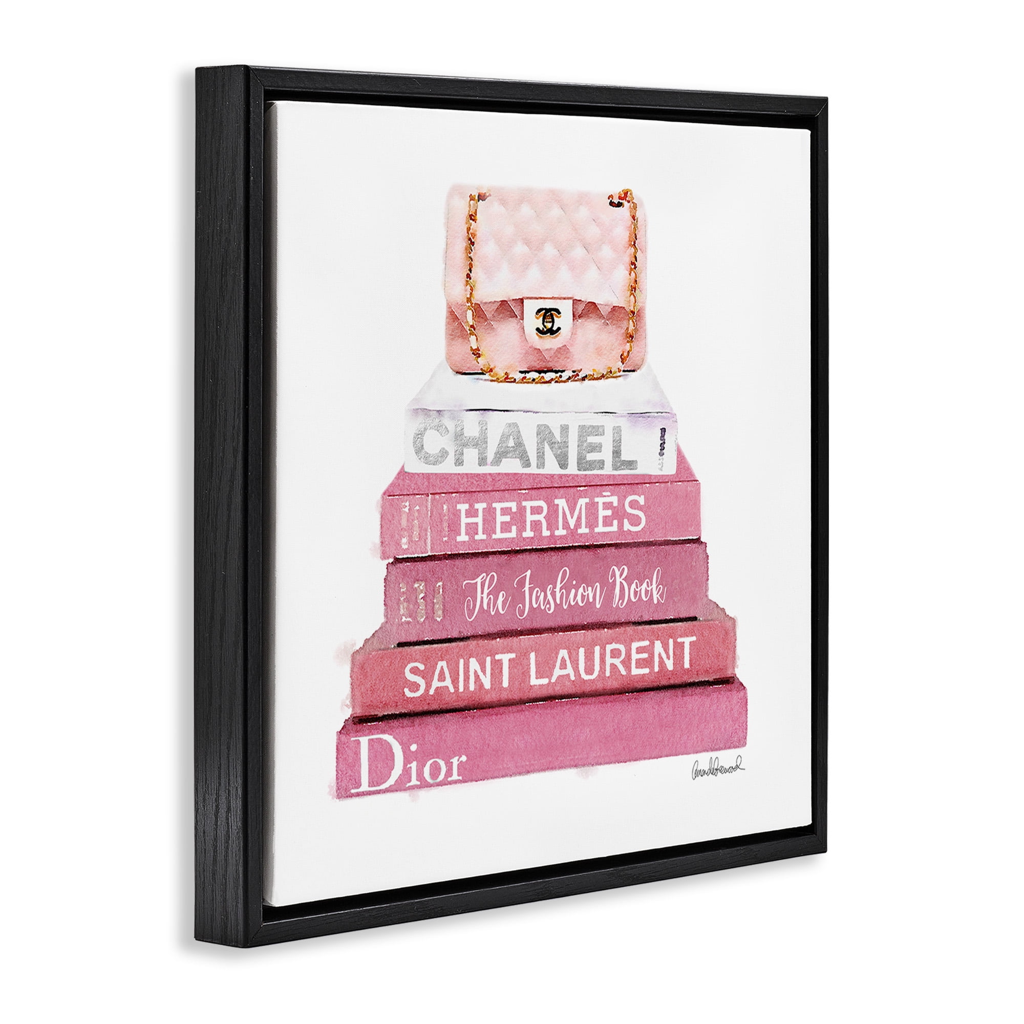 Stupell Industries Pink Book Stack Fashion Handbag Beauty & Fashion Painting Black Floater Framed Canvas Art Print Wall Art, 18 x 18