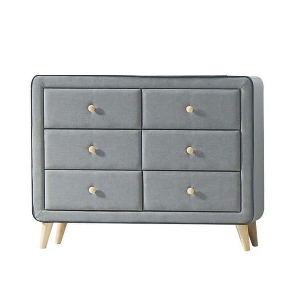 Transitional Style Wood and Fabric Upholstery Dresser with 6 Drawers, Gray