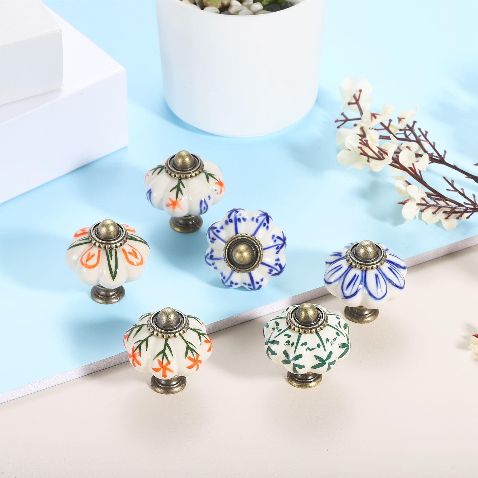Uxcell 6 Pack Ceramic Knobs, 35mm/1.38" Pumpkin Cabinet Knob Drawer Pull Handle Vintage Drawer Knobs with Screws for Vanity Bedroom Furniture Closet, Multicolor Petal Leaves