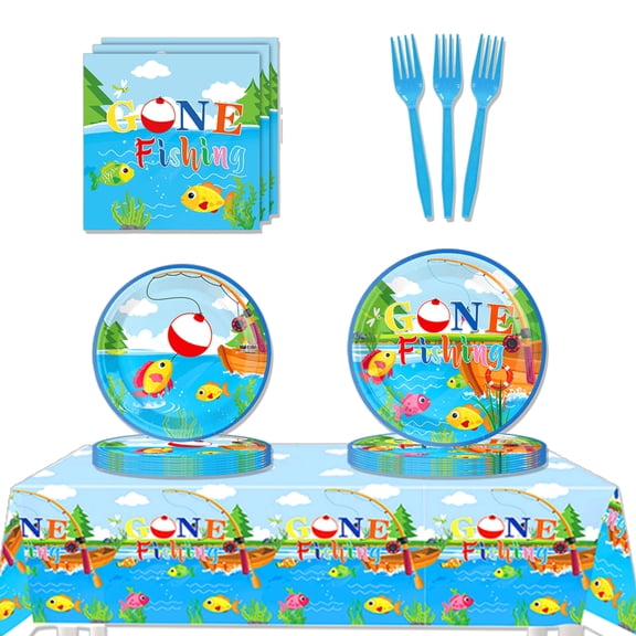 JMOCD 51Pcs Blue fishing Party Tableware Set, Birthday Party Supplies Decorations Set, tablecloth,Plates, Napkins,Cutlery,10 Guests